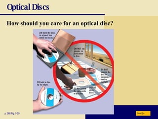 Optical Discs How should you care for an optical disc? p. 368 Fig. 7-20 Next 