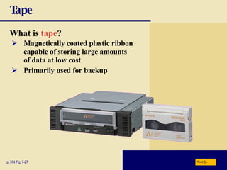 Tape What is   tape ? p. 374 Fig. 7-27 Magnetically coated plastic ribbon capable of storing large amounts of data at low cost Primarily used for backup Next 