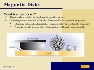 Magnetic Disks What is a   head crash? p. 360-361 Fig. 7-10 Spinning creates cushion of air that floats read/write head above platter Occurs when read/write head touches platter surface A smoke particle, dust particle, or human hair could render drive unusable Clearance between head and platter is approximately two-millionths of an inch Next 