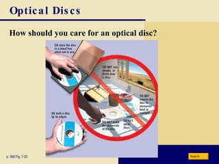 Optical Discs How should you care for an optical disc? p. 368 Fig. 7-20 Next 