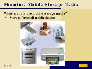 Miniature Mobile Storage Media What is   miniature mobile storage media? p. 375 Fig. 7-29 Storage for small mobile devices Next 