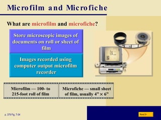 Microfilm and Microfiche What are   microfilm   and   microfiche ? p. 379 Fig. 7-34 Images recorded using  computer output microfilm  recorder Store microscopic images of  documents on roll or sheet of  film Next Microfilm — 100- to 215-foot roll of film Microfiche  —  small sheet of film, usually 4”    6” 