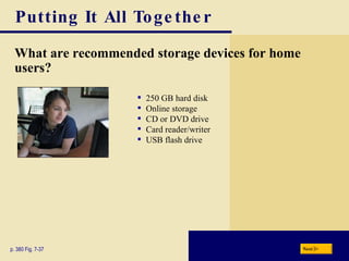 Putting It All Together What are recommended storage devices for home users? p. 380 Fig. 7-37 250 GB hard disk Online storage CD or DVD drive Card reader/writer USB flash drive Next 