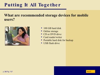 Putting It All Together What are recommended storage devices for mobile users? p. 380 Fig. 7-37 100 GB hard disk Online storage CD or DVD drive Card reader/writer Portable hard disk for backup USB flash drive Next 