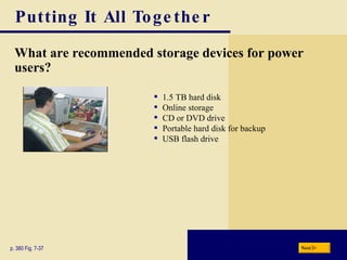 Putting It All Together What are recommended storage devices for power users? p. 380 Fig. 7-37 1.5 TB hard disk Online storage CD or DVD drive Portable hard disk for backup USB flash drive Next 