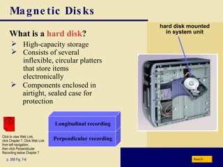 Magnetic Disks What is a   hard disk ? p. 358 Fig. 7-6 hard disk mounted in system unit High-capacity storage Consists of several inflexible, circular platters that store items electronically Components enclosed in airtight, sealed case for protection Perpendicular recording Next Click to view Web Link, click Chapter 7, Click Web Link from left navigation,  then click Perpendicular Recording below Chapter 7 Longitudinal recording 