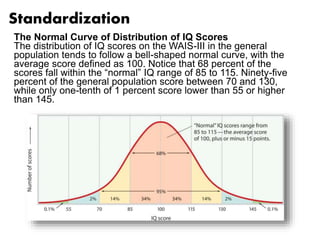 Standardization 
The Normal Curve of Distribution of IQ Scores 
The distribution of IQ scores on the WAIS-III in the general 
population tends to follow a bell-shaped normal curve, with the 
average score defined as 100. Notice that 68 percent of the 
scores fall within the “normal” IQ range of 85 to 115. Ninety-five 
percent of the general population score between 70 and 130, 
while only one-tenth of 1 percent score lower than 55 or higher 
than 145. 
 