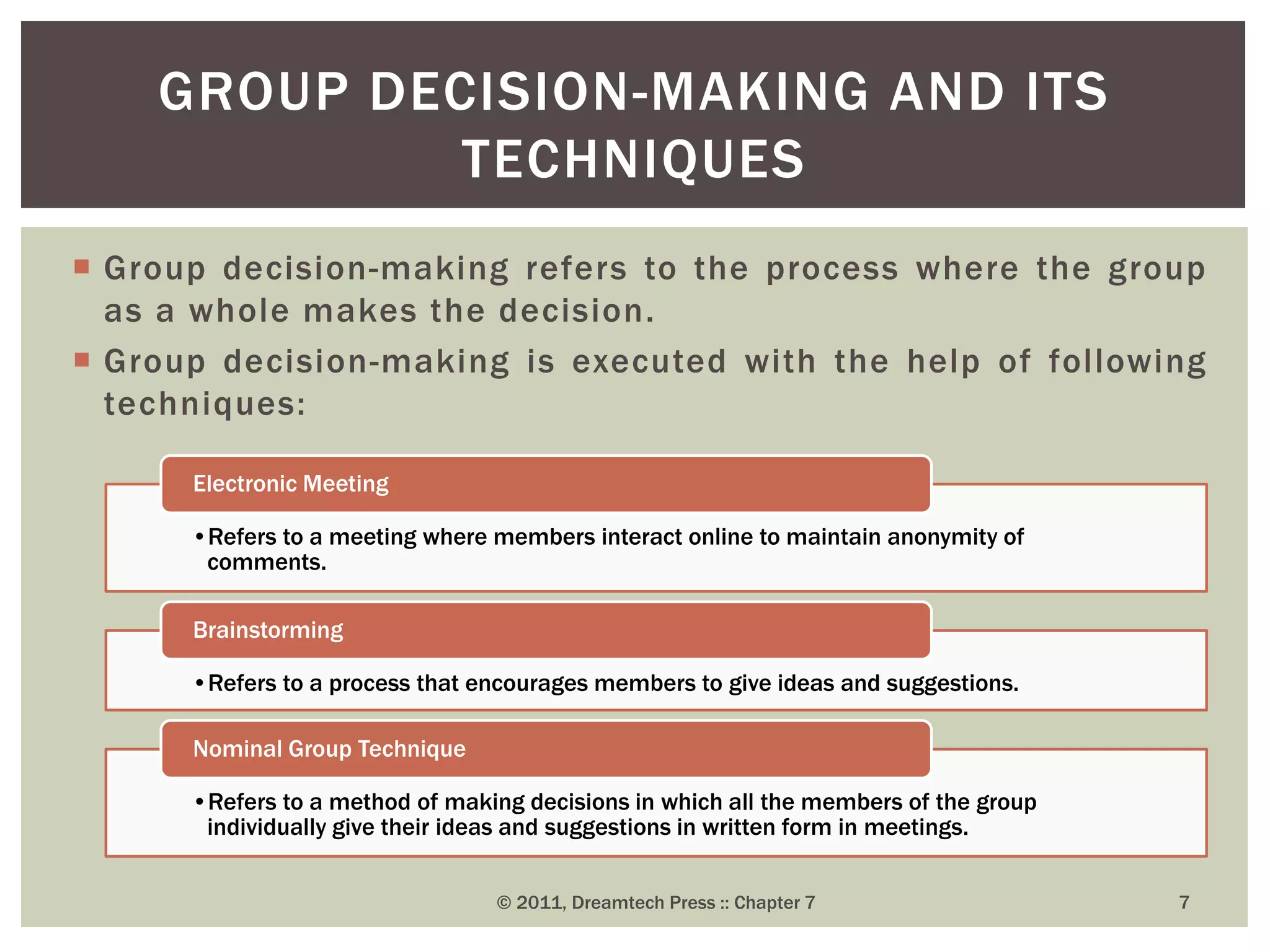  Group decision-making refers to the process where the group
as a whole makes the decision.
 Group decision-making is executed with the help of following
techniques:
GROUP DECISION-MAKING AND ITS
TECHNIQUES
© 2011, Dreamtech Press :: Chapter 7 7
•Refers to a meeting where members interact online to maintain anonymity of
comments.
Electronic Meeting
•Refers to a process that encourages members to give ideas and suggestions.
Brainstorming
•Refers to a method of making decisions in which all the members of the group
individually give their ideas and suggestions in written form in meetings.
Nominal Group Technique
 