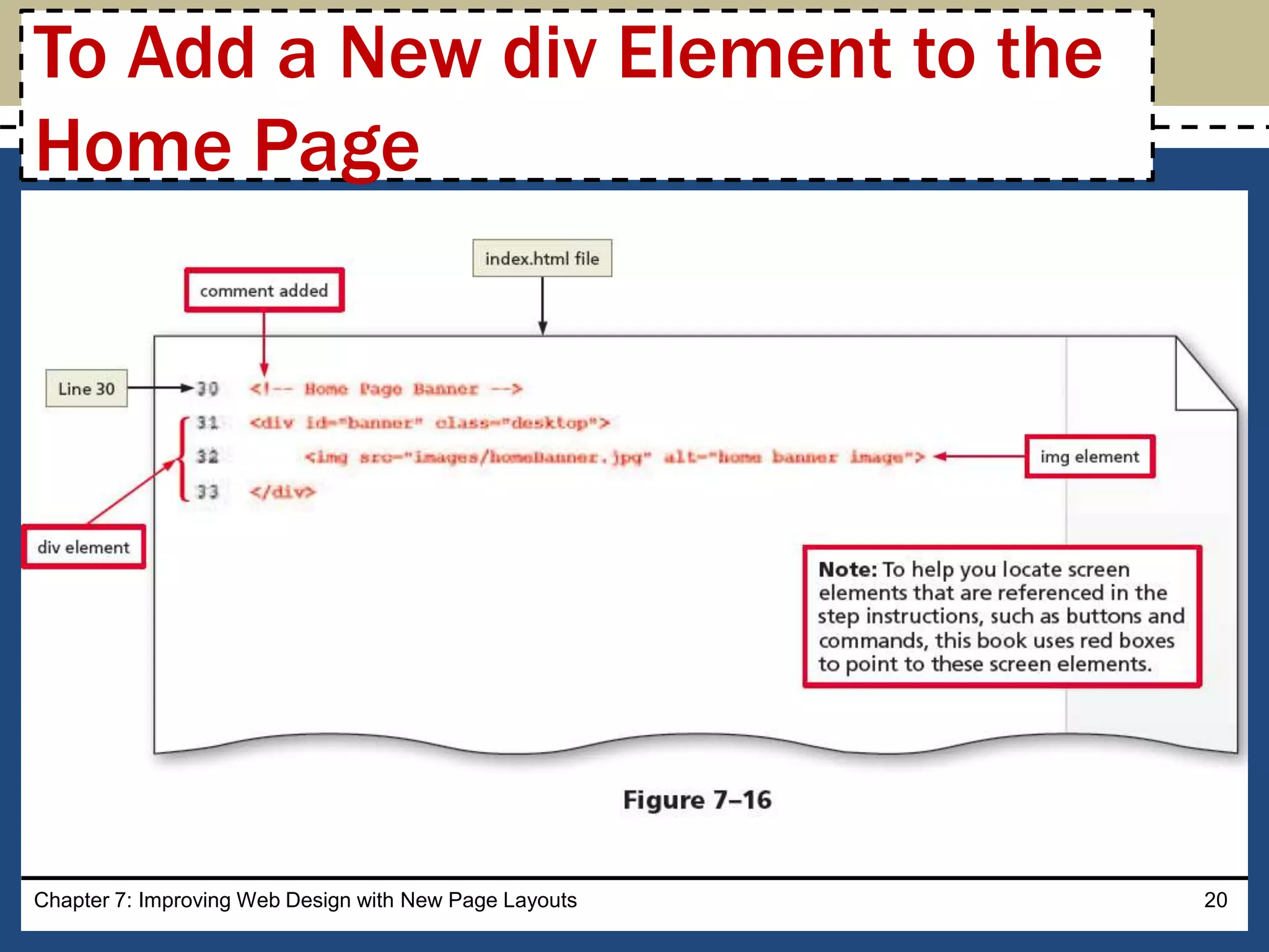 Chapter 7: Improving Web Design with New Page Layouts 20
To Add a New div Element to the
Home Page
 