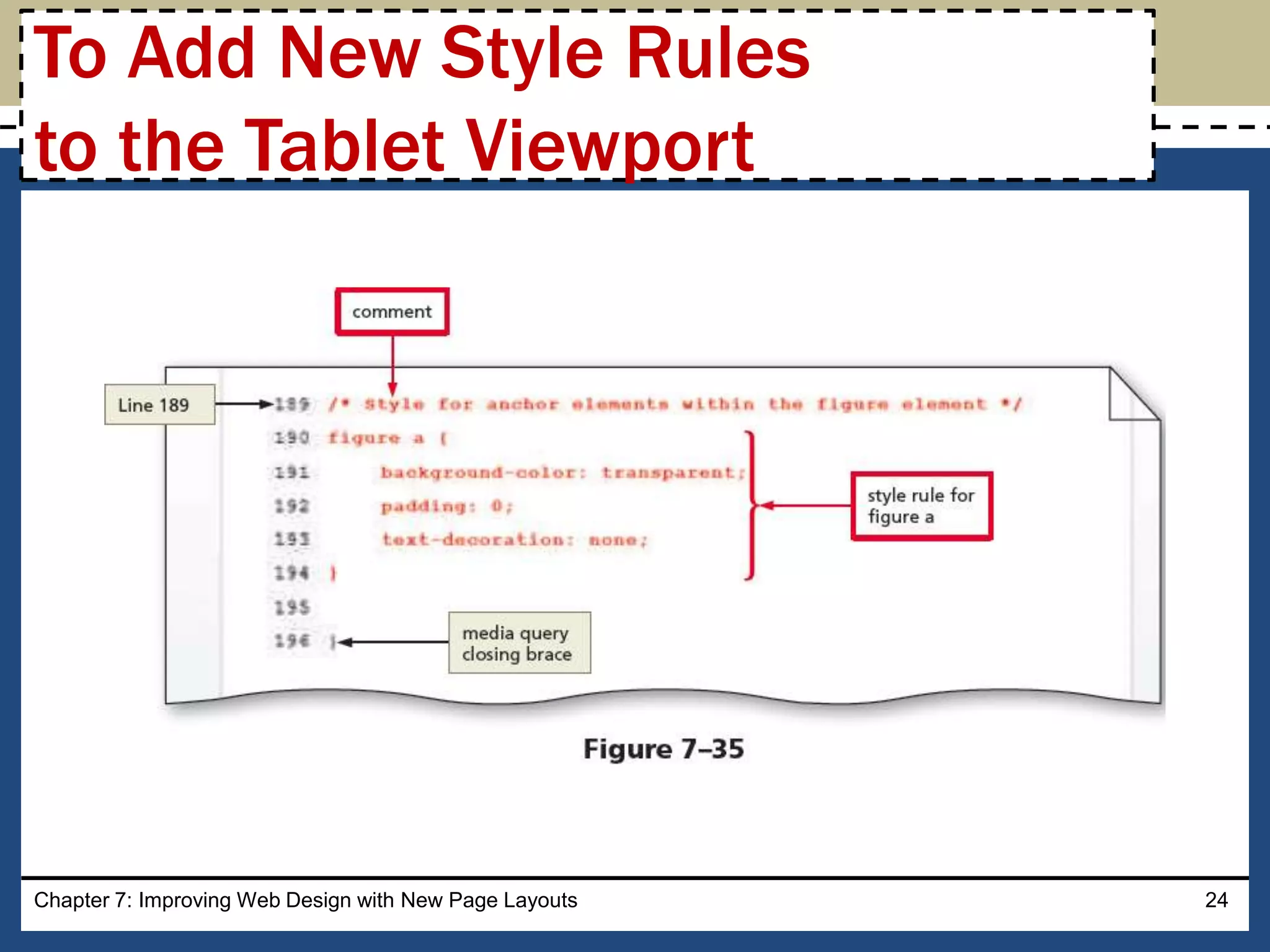 Chapter 7: Improving Web Design with New Page Layouts 24
To Add New Style Rules
to the Tablet Viewport
 