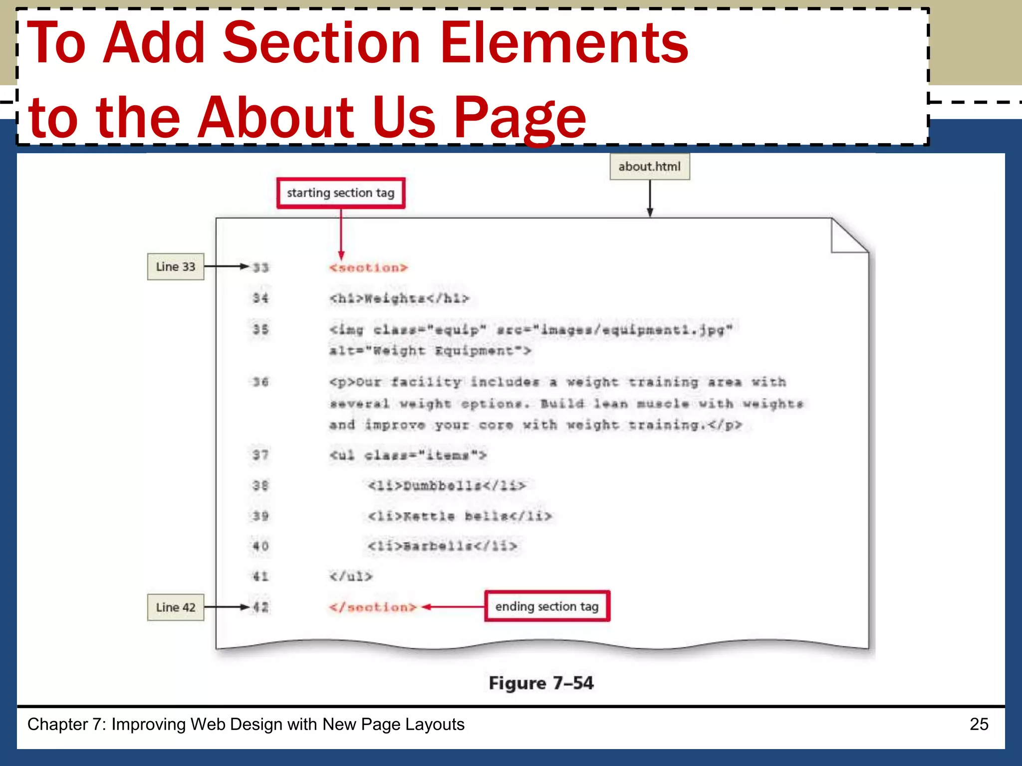 Chapter 7: Improving Web Design with New Page Layouts 25
To Add Section Elements
to the About Us Page
 
