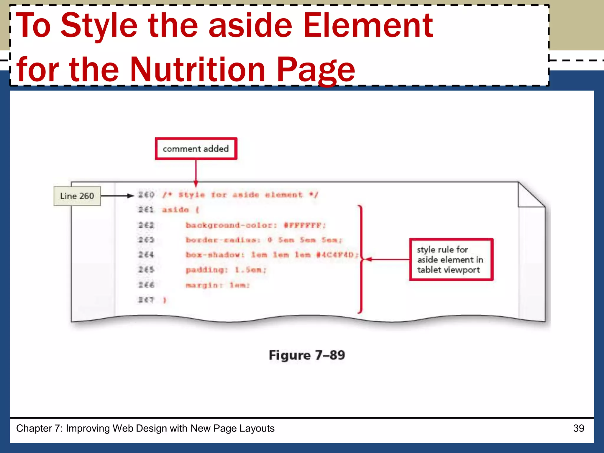Chapter 7: Improving Web Design with New Page Layouts 39
To Style the aside Element
for the Nutrition Page
 