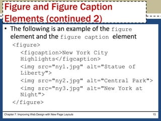 • The following is an example of the figure
element and the figure caption element
<figure>
<figcaption>New York City
Highlights</figcaption>
<img src="ny1.jpg" alt="Statue of
Liberty">
<img src="ny2.jpg" alt="Central Park">
<img src="ny3.jpg" alt="New York at
Night">
</figure>
Chapter 7: Improving Web Design with New Page Layouts 15
Figure and Figure Caption
Elements (continued 2)
 
