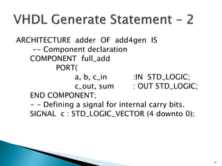 ARCHITECTURE adder OF add4gen IS
-- Component declaration
COMPONENT full_add
PORT(
a, b, c_in :IN STD_LOGIC;
c_out, sum : OUT STD_LOGIC;
END COMPONENT;
- - Defining a signal for internal carry bits.
SIGNAL c : STD_LOGIC_VECTOR (4 downto 0);
57
 