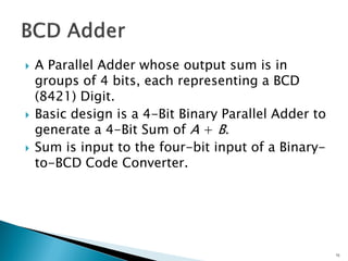  A Parallel Adder whose output sum is in
groups of 4 bits, each representing a BCD
(8421) Digit.
 Basic design is a 4-Bit Binary Parallel Adder to
generate a 4-Bit Sum of A + B.
 Sum is input to the four-bit input of a Binary-
to-BCD Code Converter.
73
 