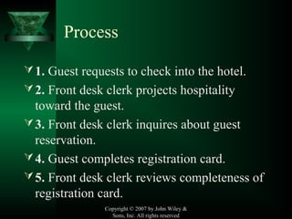Process
1. Guest requests to check into the hotel.
2. Front desk clerk projects hospitality
toward the guest.
3. Front desk clerk inquires about guest
reservation.
4. Guest completes registration card.
5. Front desk clerk reviews completeness of
registration card.
Copyright © 2007 by John Wiley &
Sons, Inc. All rights reserved
 
