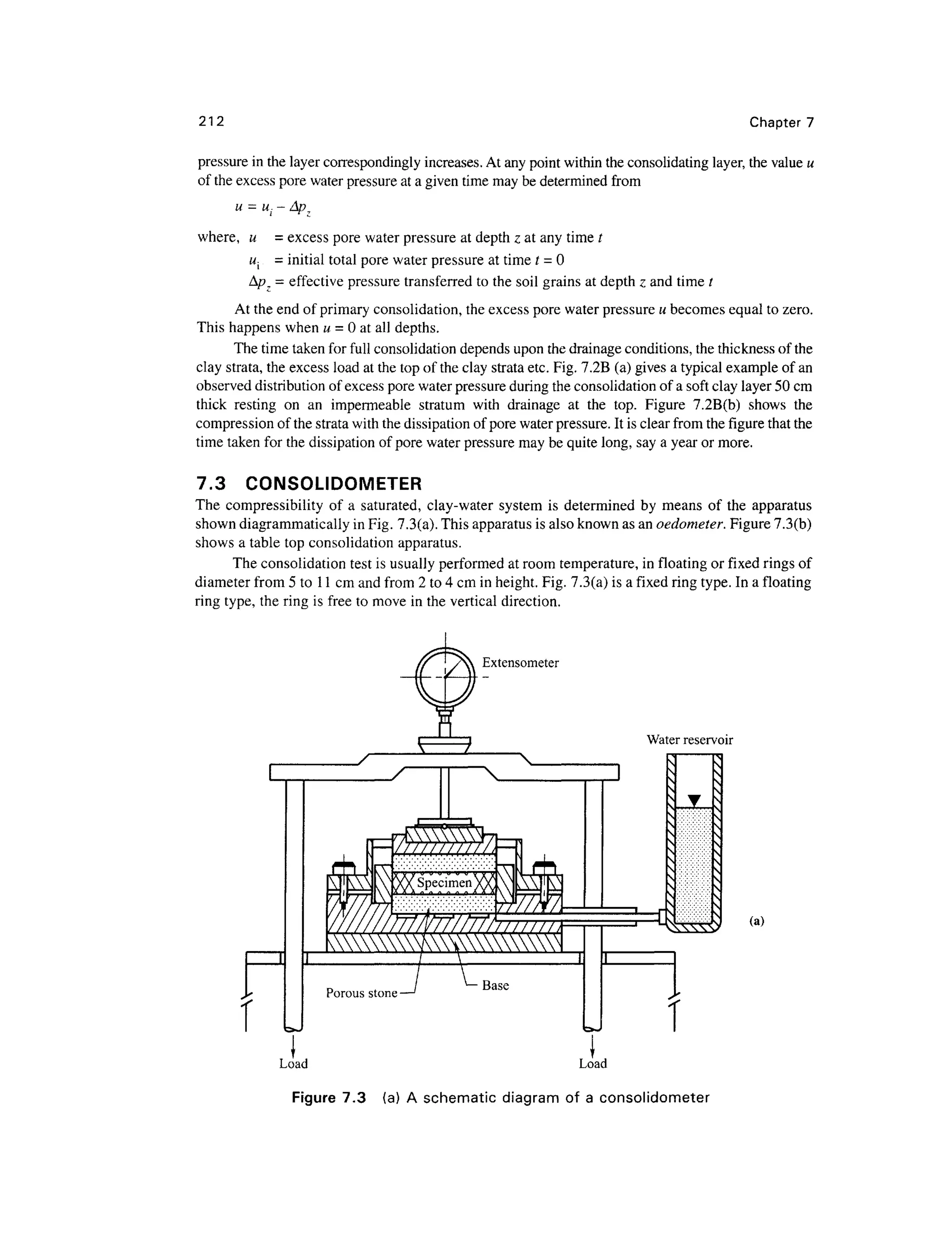 212 Chapter 7
pressure in the layer correspondingly increases. At any point within the consolidating layer, the value u
of the excess pore water pressure at a given time may be determined from
u = M. -
where, u = excess pore water pressure at depth z at any time t
u{ = initial total pore water pressure at time t = 0
Ap, = effective pressure transferred to the soil grains at depth i and time t
At the end of primary consolidation, the excess pore water pressure u becomes equal to zero.
This happens when u =0 at all depths.
The time taken for full consolidation depends upon the drainage conditions, the thickness of the
clay strata, the excess load at the top of the clay strata etc. Fig. 7.2B (a) gives a typical example of an
observed distribution of excess pore water pressure during the consolidation of a soft clay layer 50 cm
thick resting on an impermeable stratum with drainage at the top. Figure 7.2B(b) shows the
compression of the strata with the dissipation of pore water pressure. It is clear from the figure that the
time taken for the dissipation of pore water pressure may be quite long, say a year or more.
7.3 CONSOLIDOMETER
The compressibility of a saturated, clay-water system is determined by means of the apparatus
shown diagrammatically in Fig. 7.3(a). This apparatus is also known as an oedometer. Figure 7.3(b)
shows a table top consolidation apparatus.
The consolidation test is usually performed at room temperature, in floating or fixed rings of
diameter from 5 to 11 cm and from 2 to 4 cm in height. Fig. 7.3(a) is a fixed ring type. In a floating
ring type, the ring is free to move in the vertical direction.
Extensometer
Water reservoir
(a)
Figure 7.3 (a) A schematic diagram of a consolidometer
 