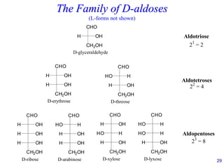 29
The Family of D-aldoses
(L-forms not shown)
H OH
CH2OH
CHO
Aldotriose
21
= 2
D-glyceraldehyde
H OH
CHO
CH2OH
OH
H
HO H
CHO
CH2OH
OH
H
D-threose
D-erythrose
Aldotetroses
22
= 4
CHO
H OH
H OH
CH2OH
OH
H
CHO
HO H
H OH
CH2OH
OH
H
CHO
H OH
HO H
CH2OH
OH
H
CHO
HO H
HO H
CH2OH
OH
H
D-xylose
D-arabinose D-lyxose
D-ribose
Aldopentoses
23
= 8
 