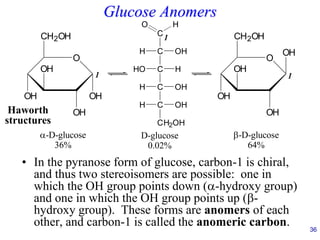 36
Glucose Anomers
• In the pyranose form of glucose, carbon-1 is chiral,
and thus two stereoisomers are possible: one in
which the OH group points down (-hydroxy group)
and one in which the OH group points up (-
hydroxy group). These forms are anomers of each
other, and carbon-1 is called the anomeric carbon.
O
CH2OH
OH
OH
OH
OH
C
C
O H
H OH
C
HO H
C
C
OH
H
CH2OH
OH
H
O
CH2OH
OH
OH
OH
OH
-D-glucose
64%
-D-glucose
36%
D-glucose
0.02%
1
1
1
Haworth
structures
 