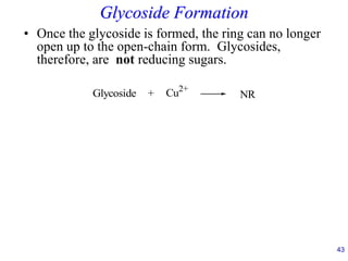 43
Glycoside Formation
• Once the glycoside is formed, the ring can no longer
open up to the open-chain form. Glycosides,
therefore, are not reducing sugars.
Glycoside + Cu2+
NR
 
