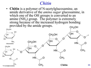 Chitin
• Chitin is a polymer of N-acetylglucosamine, an
amide derivative of the amino sugar glucosamine, in
which one of the OH groups is converted to an
amine (NH2) group. The polymer is extremely
strong because of the increased hydrogen bonding
provided by the amide groups.
65
O
CH2OH
OH
OH
NH2
OH
Glucosamine
O
CH2OH
OH
OH
HN
OH
N-Acetylglucosamine
CH3
O
O
CH2OH
OH
HN
O
O
O
CH2OH
OH
HN
O
O
CH2OH
OH
HN
O
Chitin
CH3
O CH3
O CH3
O
 