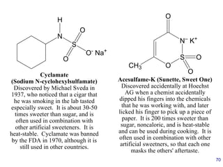 70
N
S
H
Cyclamate
(Sodium N-cyclohexylsulfamate)
Discovered by Michael Sveda in
1937, who noticed that a cigar that
he was smoking in the lab tasted
especially sweet. It is about 30-50
times sweeter than sugar, and is
often used in combination with
other artificial sweeteners. It is
heat-stable. Cyclamate was banned
by the FDA in 1970, although it is
still used in other countries.
O-
Na+
O
O
O
S
N–
K+
O
CH3
O
O
Acesulfame-K (Sunette, Sweet One)
Discovered accidentally at Hoechst
AG when a chemist accidentally
dipped his fingers into the chemicals
that he was working with, and later
licked his finger to pick up a piece of
paper. It is 200 times sweeter than
sugar, noncaloric, and is heat-stable
and can be used during cooking. It is
often used in combination with other
artificial sweetners, so that each one
masks the others' aftertaste.
 