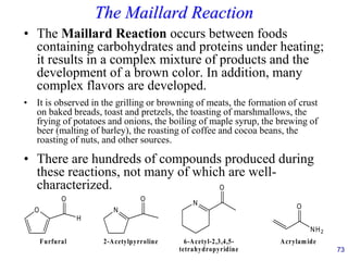 73
The Maillard Reaction
• The Maillard Reaction occurs between foods
containing carbohydrates and proteins under heating;
it results in a complex mixture of products and the
development of a brown color. In addition, many
complex flavors are developed.
• It is observed in the grilling or browning of meats, the formation of crust
on baked breads, toast and pretzels, the toasting of marshmallows, the
frying of potatoes and onions, the boiling of maple syrup, the brewing of
beer (malting of barley), the roasting of coffee and cocoa beans, the
roasting of nuts, and other sources.
• There are hundreds of compounds produced during
these reactions, not many of which are well-
characterized.
O
H
O
Furfural
N
N
O
O
2-Acetylpyrroline 6-Acetyl-2,3,4,5-
tetrahydropyridine
NH2
O
Acrylamide
 