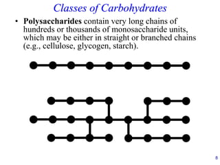 8
Classes of Carbohydrates
• Polysaccharides contain very long chains of
hundreds or thousands of monosaccharide units,
which may be either in straight or branched chains
(e.g., cellulose, glycogen, starch).
 