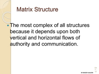 Matrix Structure
 The most complex of all structures
because it depends upon both
vertical and horizontal flows of
authority and communication.
Ch
7 -
17BY:MADDY.KALEEM
 