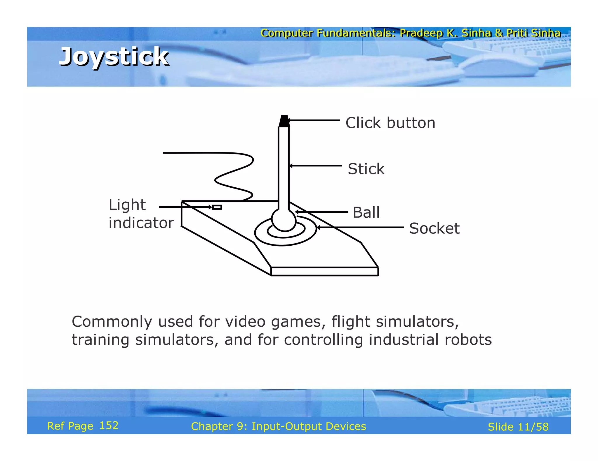 Computer Fundamentals: Pradeep K. Sinha & Priti SinhaComputer Fundamentals: Pradeep K. Sinha & Priti Sinha
Slide 11/58Chapter 9: Input-Output DevicesRef Page
JoystickJoystick
Commonly used for video games, flight simulators,
training simulators, and for controlling industrial robots
Stick
Socket
Ball
Click button
Light
indicator
152
 