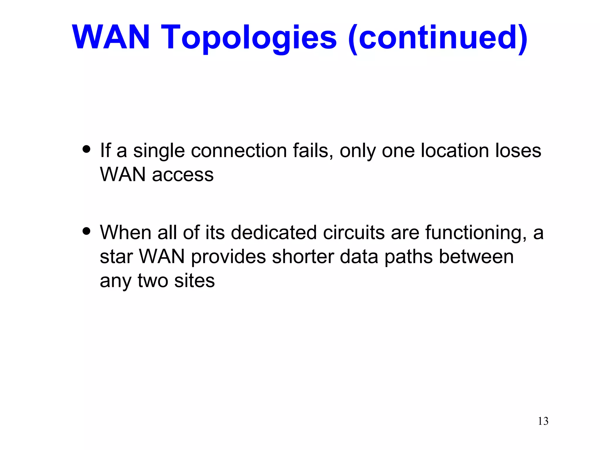 WAN Topologies (continued) If a single connection fails, only one location loses WAN access When all of its dedicated circuits are functioning, a star WAN provides shorter data paths between any two sites 