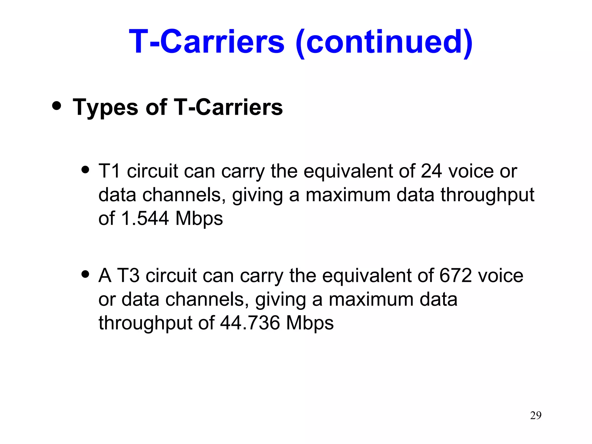 T-Carriers (continued) Types of T-Carriers T1 circuit can carry the equivalent of 24 voice or data channels, giving a maximum data throughput of 1.544 Mbps A T3 circuit can carry the equivalent of 672 voice or data channels, giving a maximum data throughput of 44.736 Mbps 