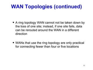 WAN Topologies (continued) A ring topology WAN cannot not be taken down by the loss of one site; instead, if one site fails, data can be rerouted around the WAN in a different direction WANs that use the ring topology are only practical for connecting fewer than four or five locations 