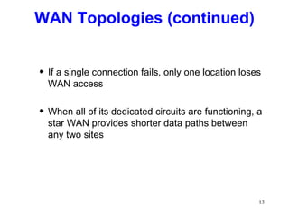 WAN Topologies (continued) If a single connection fails, only one location loses WAN access When all of its dedicated circuits are functioning, a star WAN provides shorter data paths between any two sites 