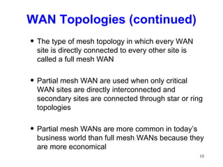 WAN Topologies (continued) The type of mesh topology in which every WAN site is directly connected to every other site is called a full mesh WAN Partial mesh WAN are used when only critical WAN sites are directly interconnected and secondary sites are connected through star or ring topologies Partial mesh WANs are more common in today’s business world than full mesh WANs because they are more economical 