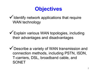 Objectives Identify network applications that require WAN technology Explain various WAN topologies, including their advantages and disadvantages Describe a variety of WAN transmission and connection methods, including PSTN, ISDN, T-carriers, DSL, broadband cable, and SONET 