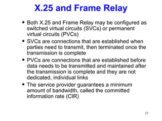 X.25 and Frame Relay Both X.25 and Frame Relay may be configured as switched virtual circuits (SVCs) or permanent virtual circuits (PVCs) SVCs are connections that are established when parties need to transmit, then terminated once the transmission is complete PVCs are connections that are established before data needs to be transmitted and maintained after the transmission is complete and they are not dedicated, individual links The service provider guarantees a minimum amount of bandwidth, called the committed information rate (CIR) 