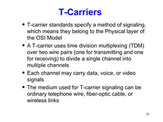 T-Carriers  T-carrier standards specify a method of signaling, which means they belong to the Physical layer of the OSI Model A T-carrier uses time division multiplexing (TDM) over two wire pairs (one for transmitting and one for receiving) to divide a single channel into multiple channels Each channel may carry data, voice, or video signals The medium used for T-carrier signaling can be ordinary telephone wire, fiber-optic cable, or wireless links 
