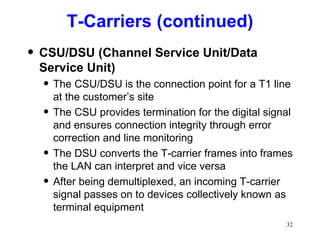 T-Carriers (continued) CSU/DSU (Channel Service Unit/Data Service Unit) The CSU/DSU is the connection point for a T1 line at the customer’s site The CSU provides termination for the digital signal and ensures connection integrity through error correction and line monitoring The DSU converts the T-carrier frames into frames the LAN can interpret and vice versa After being demultiplexed, an incoming T-carrier signal passes on to devices collectively known as terminal equipment 