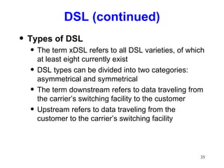DSL (continued) Types of DSL The term xDSL refers to all DSL varieties, of which at least eight currently exist DSL types can be divided into two categories:  asymmetrical and symmetrical The term downstream refers to data traveling from the carrier’s switching facility to the customer Upstream refers to data traveling from the customer to the carrier’s switching facility 