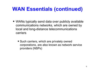 WAN Essentials (continued) WANs typically send data over publicly available communications networks, which are owned by local and long-distance telecommunications carriers Such carriers, which are privately owned corporations, are also known as network service providers (NSPs) 