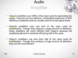 Audio
Amplifier
TMH Dr.Manoj Wairiya​ 45
 Class-A amplifiers use 100% of the input cycle for generating the
output. They are not very efficient, a theoretical maximum of 50%
effciency is obtained and are usually used for small signal levels.
 Class-B amplifiers only use half of the input cycle for
amplification. Though they produce a large amount of distortion,
these amplifiers are more efficient than Class-A because the
amplifying element is switched off during half of the cycle.
 Class-C amplifiers use less than half of the input cycle for
amplification. Though they produce a huge amount of distortion,
they are the most efficient.
 