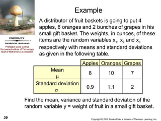 Example A distributor of fruit baskets is going to put 4 apples, 6 oranges and 2 bunches of grapes in his small gift basket. The weights, in ounces, of these items are the random variables x 1 , x 2  and x 3  respectively with means and standard deviations as given in the following table. Find the mean, variance and standard deviation of the random variable y = weight of fruit in a small gift basket. Apples Oranges Grapes Mean  8 10 7 Standard deviation  0.9 1.1 2 