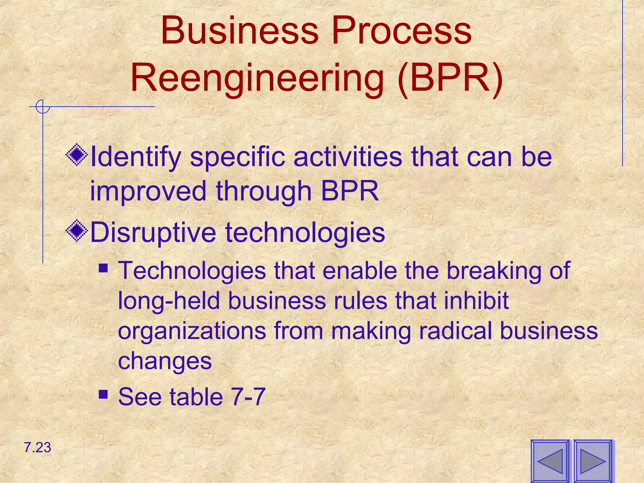 Business Process
Reengineering (BPR)
Identify specific activities that can be
improved through BPR
Disruptive technologies
 Technologies that enable the breaking of
long-held business rules that inhibit
organizations from making radical business
changes
 See table 7-7
7.23
 