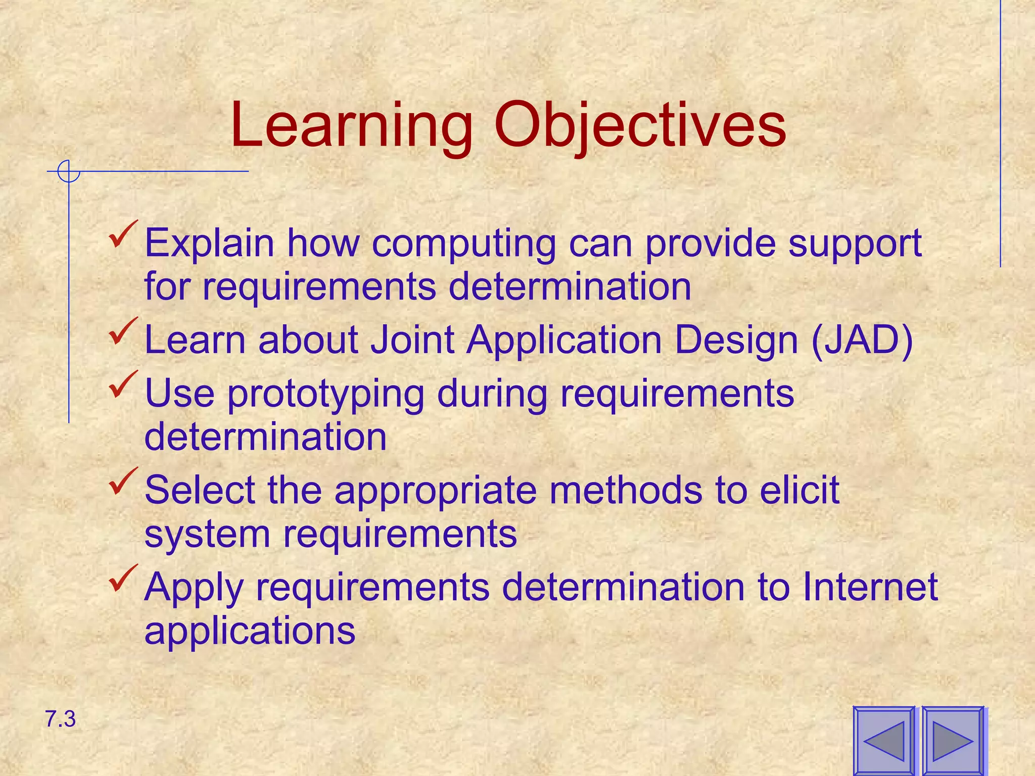 Learning Objectives
Explain how computing can provide support
for requirements determination
Learn about Joint Application Design (JAD)
Use prototyping during requirements
determination
Select the appropriate methods to elicit
system requirements
Apply requirements determination to Internet
applications
7.3
 