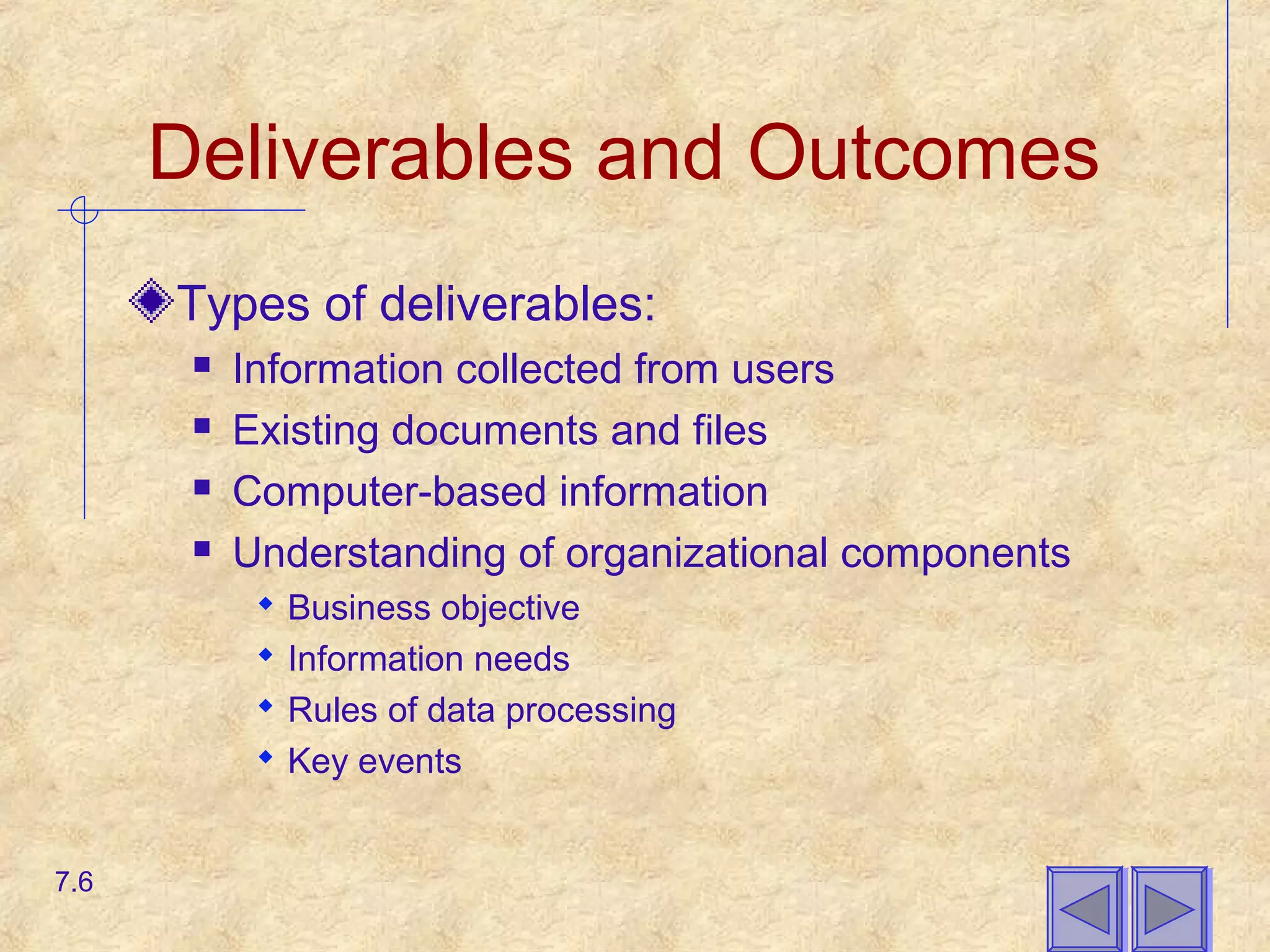 Deliverables and Outcomes
Types of deliverables:
 Information collected from users
 Existing documents and files
 Computer-based information
 Understanding of organizational components
 Business objective
 Information needs
 Rules of data processing
 Key events
7.6
 