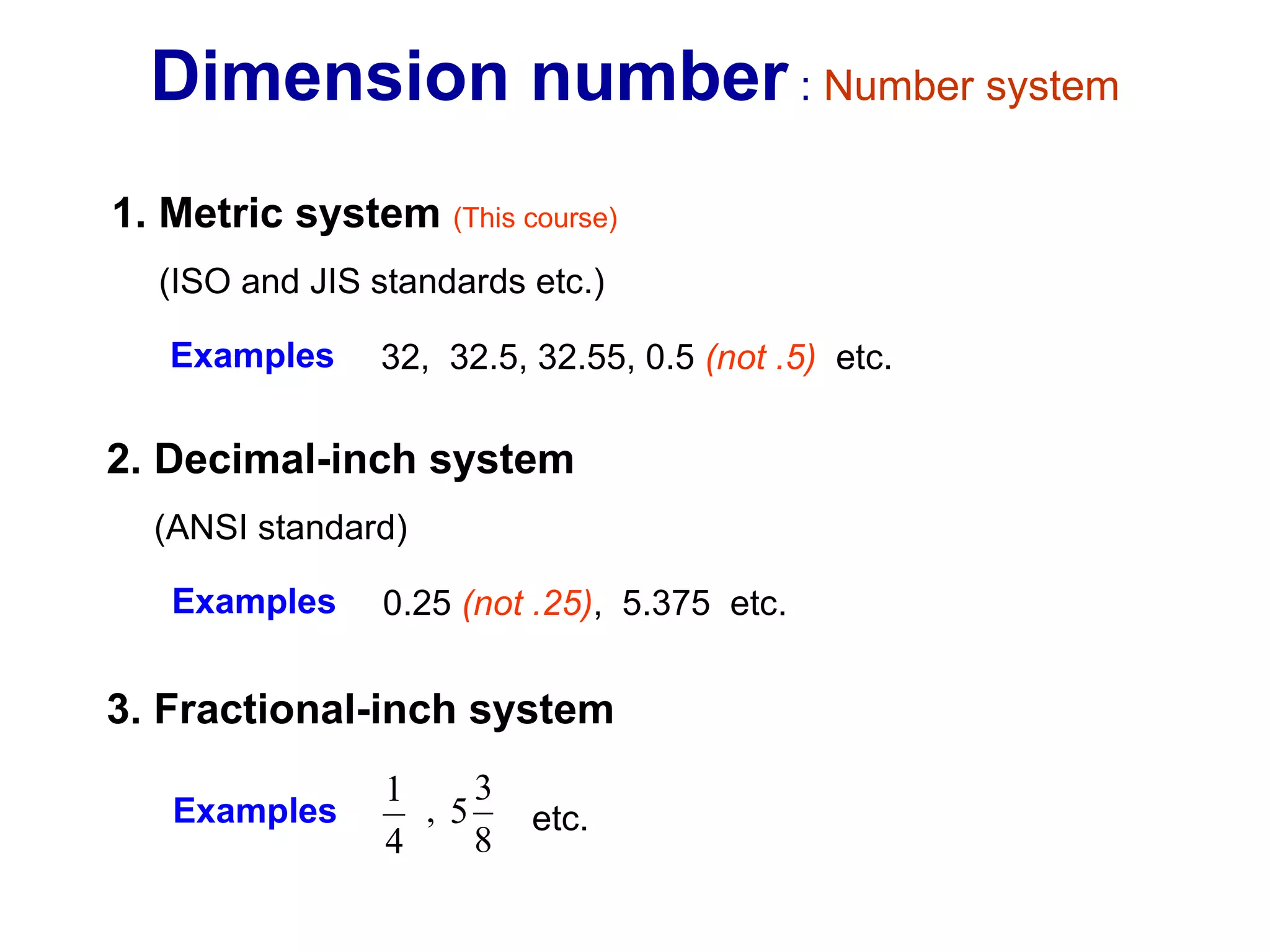 1. Metric system  (This course) (ISO and JIS standards etc.) 2. Decimal-inch system   (ANSI standard) 3. Fractional-inch system , 0.25  (not .25) ,  5.375  etc. Examples Examples 32,  32.5, 32.55, 0.5  (not .5)   etc.  Examples etc. Dimension number  :  Number system 