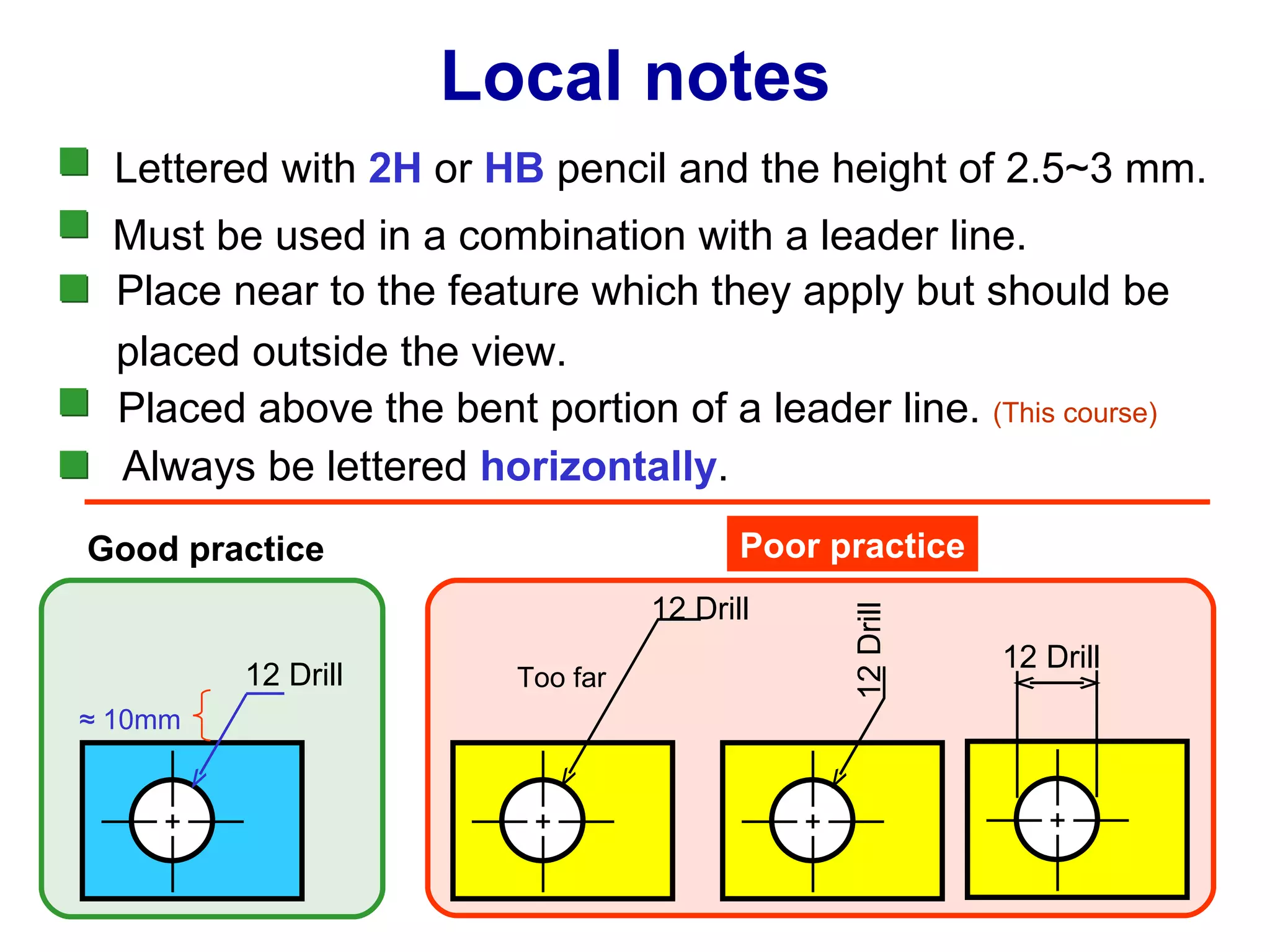 Poor practice Place near to the feature which they apply but should be placed outside the view. Always be lettered  horizontally . 12 Drill 12 Drill ≈   10mm Too far Must be used in a combination with a leader line.  Lettered with  2H  or  HB   pencil and the height of 2.5~3 mm. Good practice 12 Drill Placed above the bent portion of a leader line.  (This course) 12 Drill Local notes 