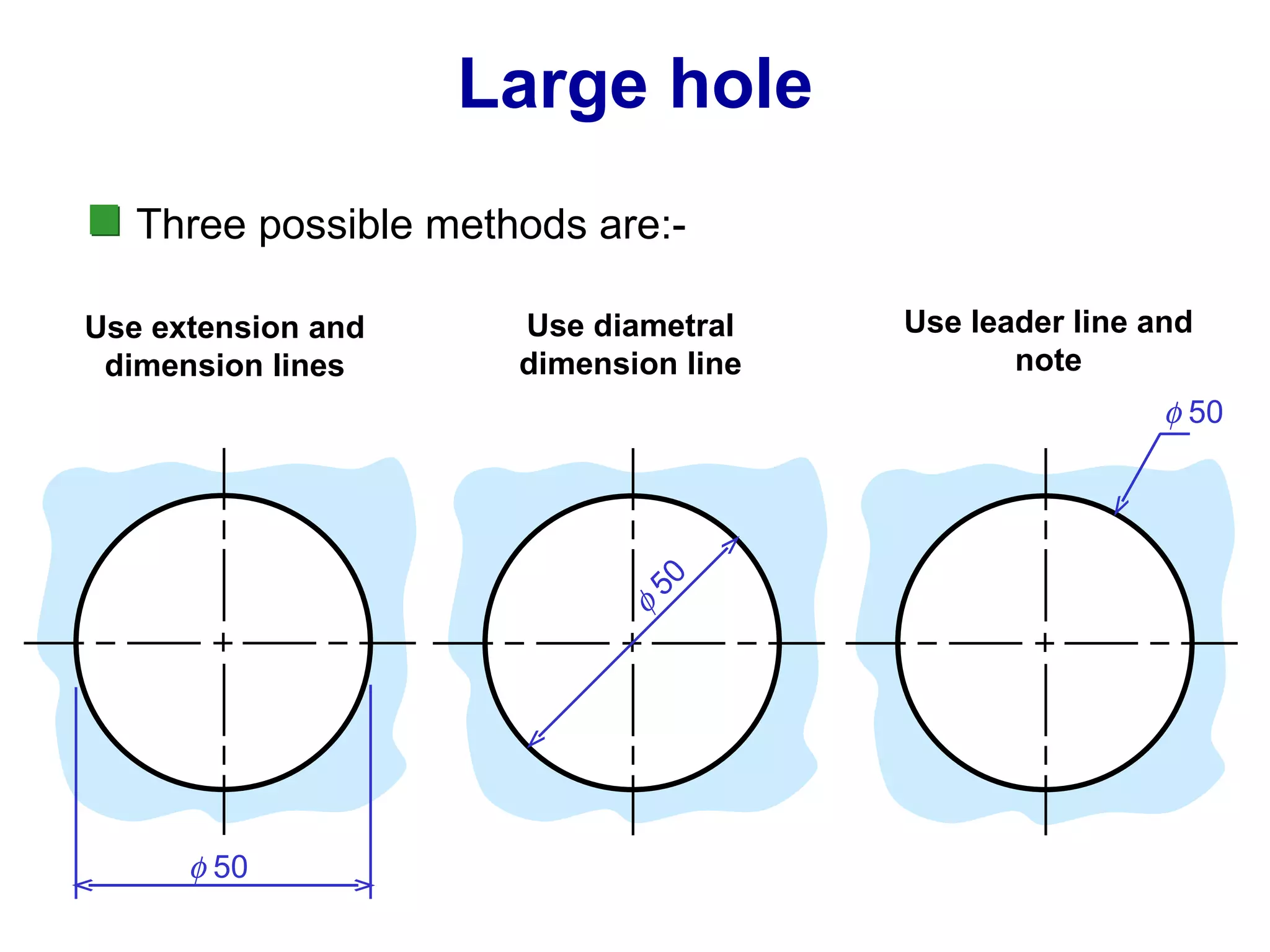 Large hole Three possible methods are:-  50 Use extension and dimension lines Use diametral dimension line  50 Use leader line and note  50 
