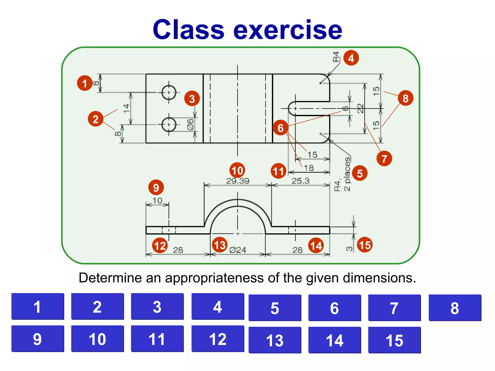 Poor Poor Poor Poor Poor Poor Poor Poor Poor Poor Poor Poor Good Poor Good 1 2 3 4 5 6 7 8 Class exercise Determine an appropriateness of the given dimensions. 1 12 3 4 5 6 7 9 10 11 13 14 15 2 8 9 10 11 12 13 14 15 